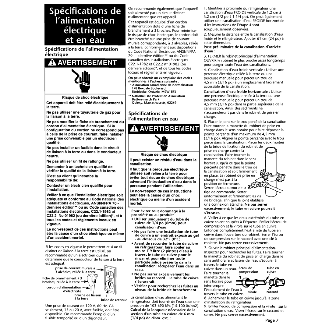 KitchenAid 2003757 Spkifications de I’alimentation klectrique, Spkifications de ’alimentation en eau, Pas 