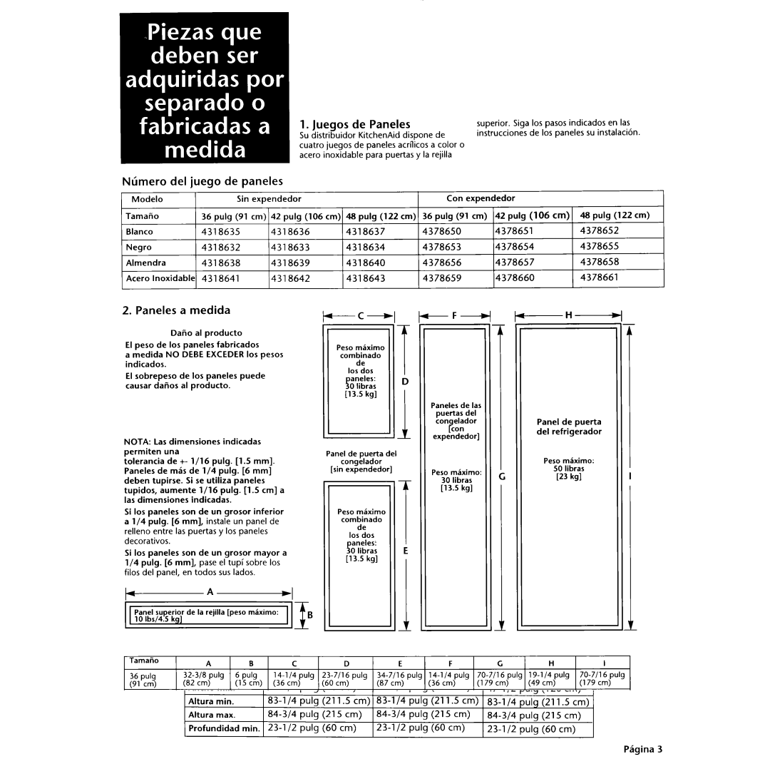 KitchenAid 2003757 installation instructions Juegos de Paneles, Nlimero Del juego de paneles, Paneles Medida 