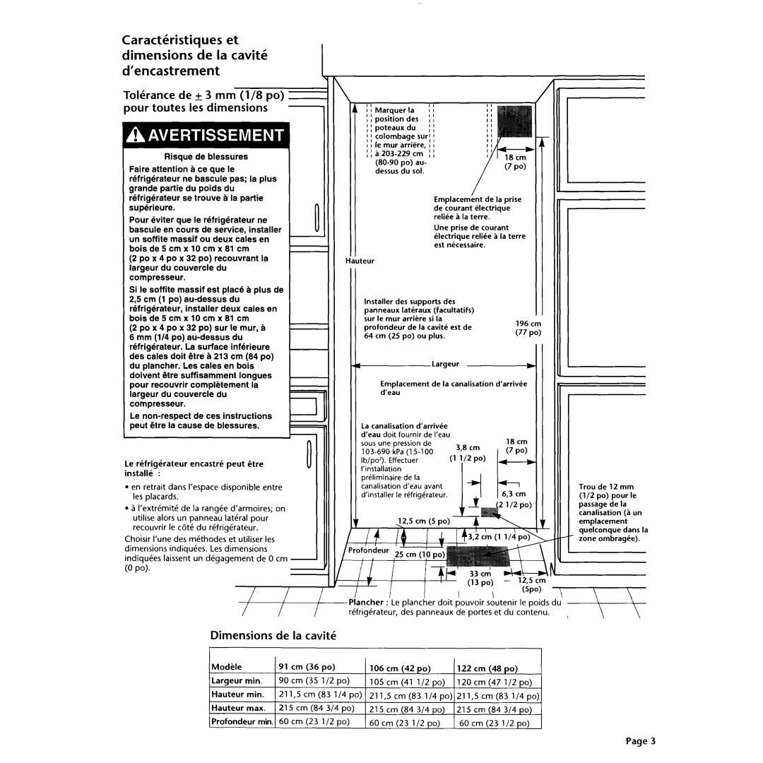 KitchenAid 2003757 installation instructions Caractbistiques et dimensions de la cavitk d’encastrement, Dimensions 