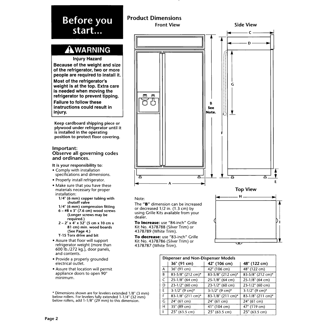 KitchenAid 2003757 installation instructions Product Dimensions, and ordinances, Top View, Side View, I2t.!l 
