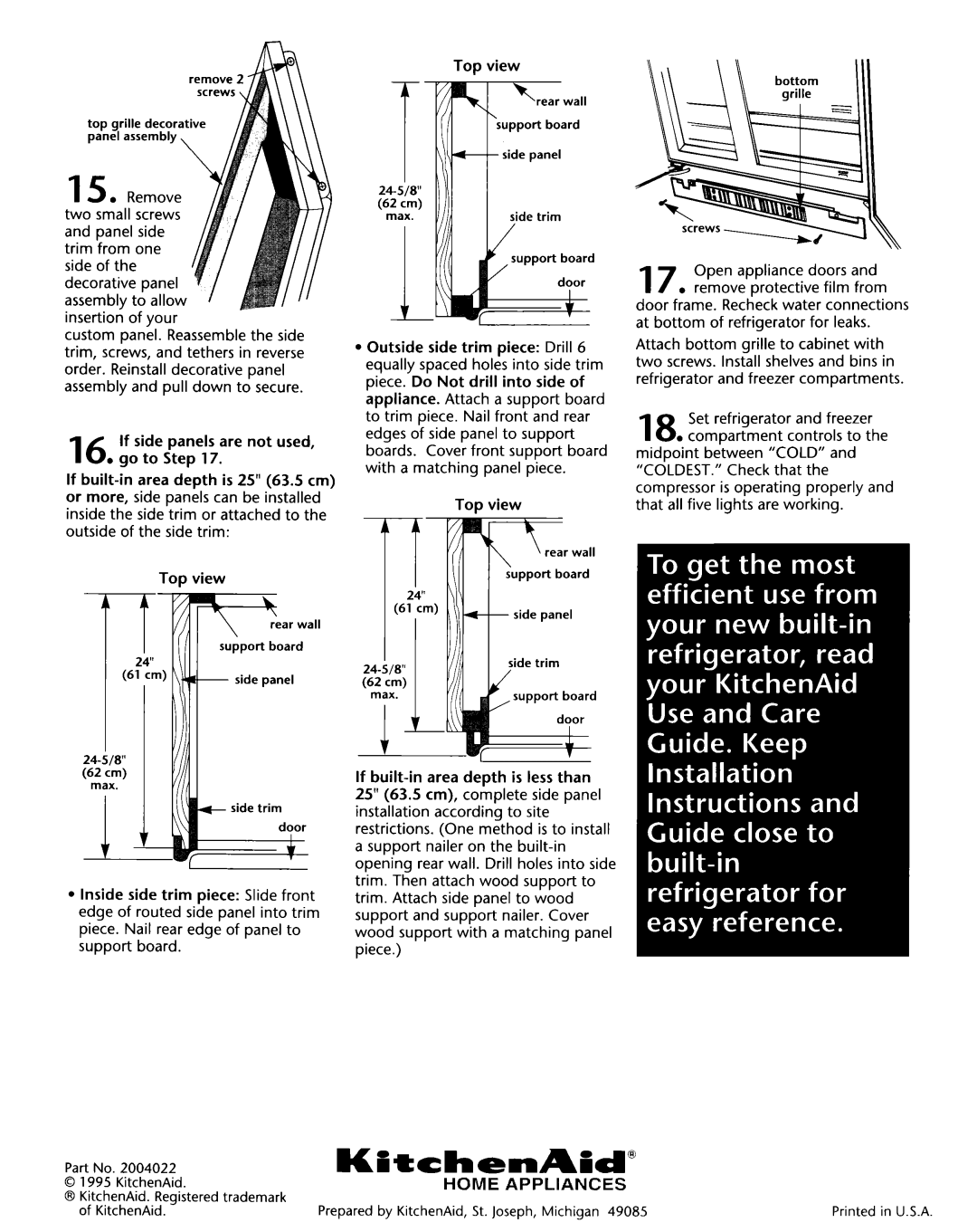 KitchenAid 2004022 Top view, If side panels are not used, 16. go to Step, Outside side trim piece Drill 