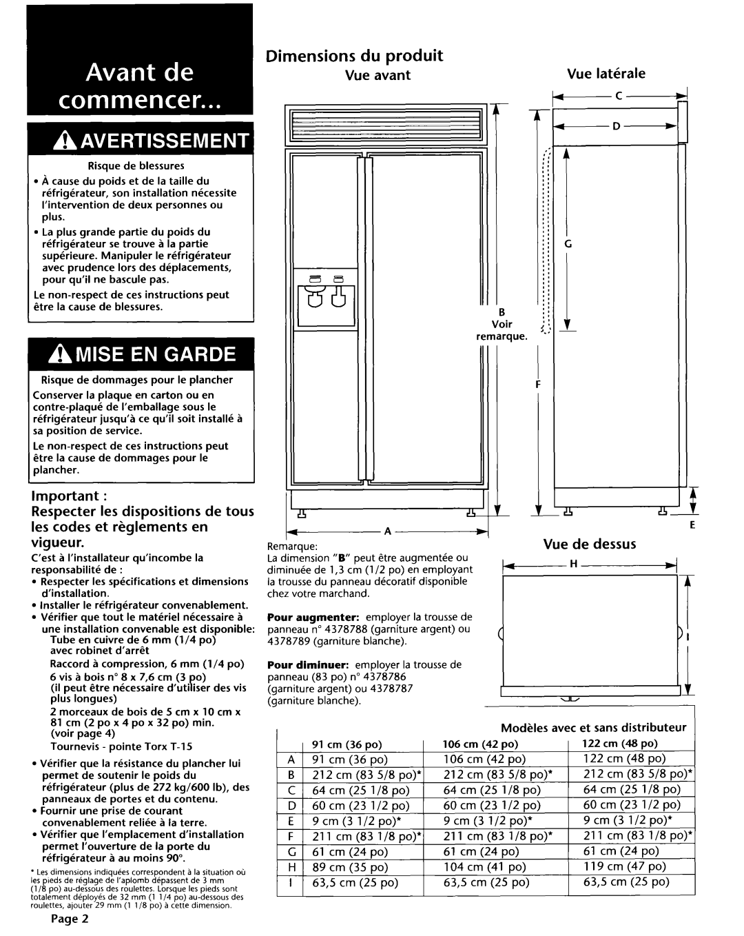 KitchenAid 2004022 installation instructions Dimensions du produit 