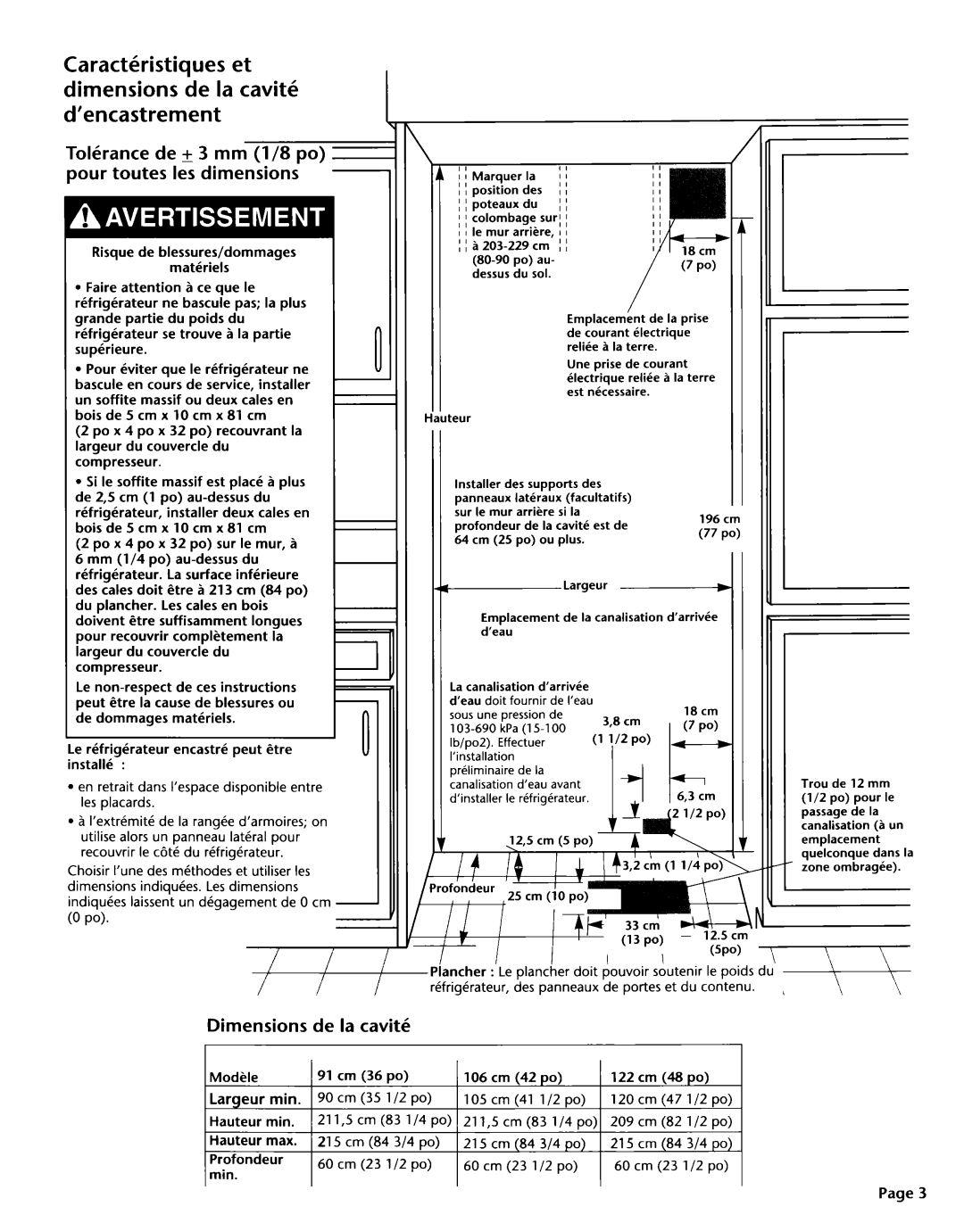 KitchenAid 2004022 Caract&istiques et dimensions de la cavitk d’encastrement, Dimensions de la cavitk, Largeur Min, 60 cm 