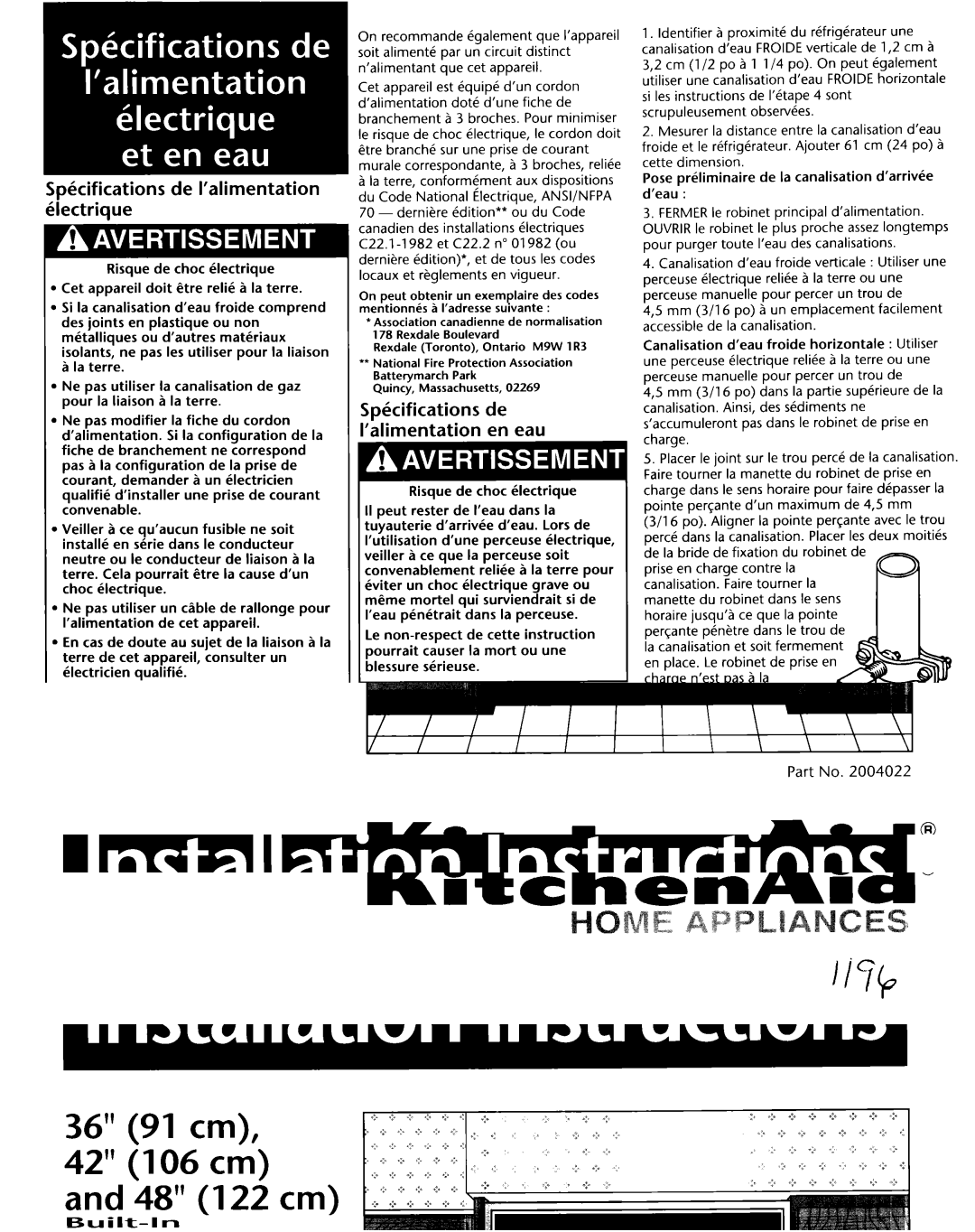 KitchenAid 2004022 installation instructions Klectrique, Pkifications de ‘alimentation en eau 