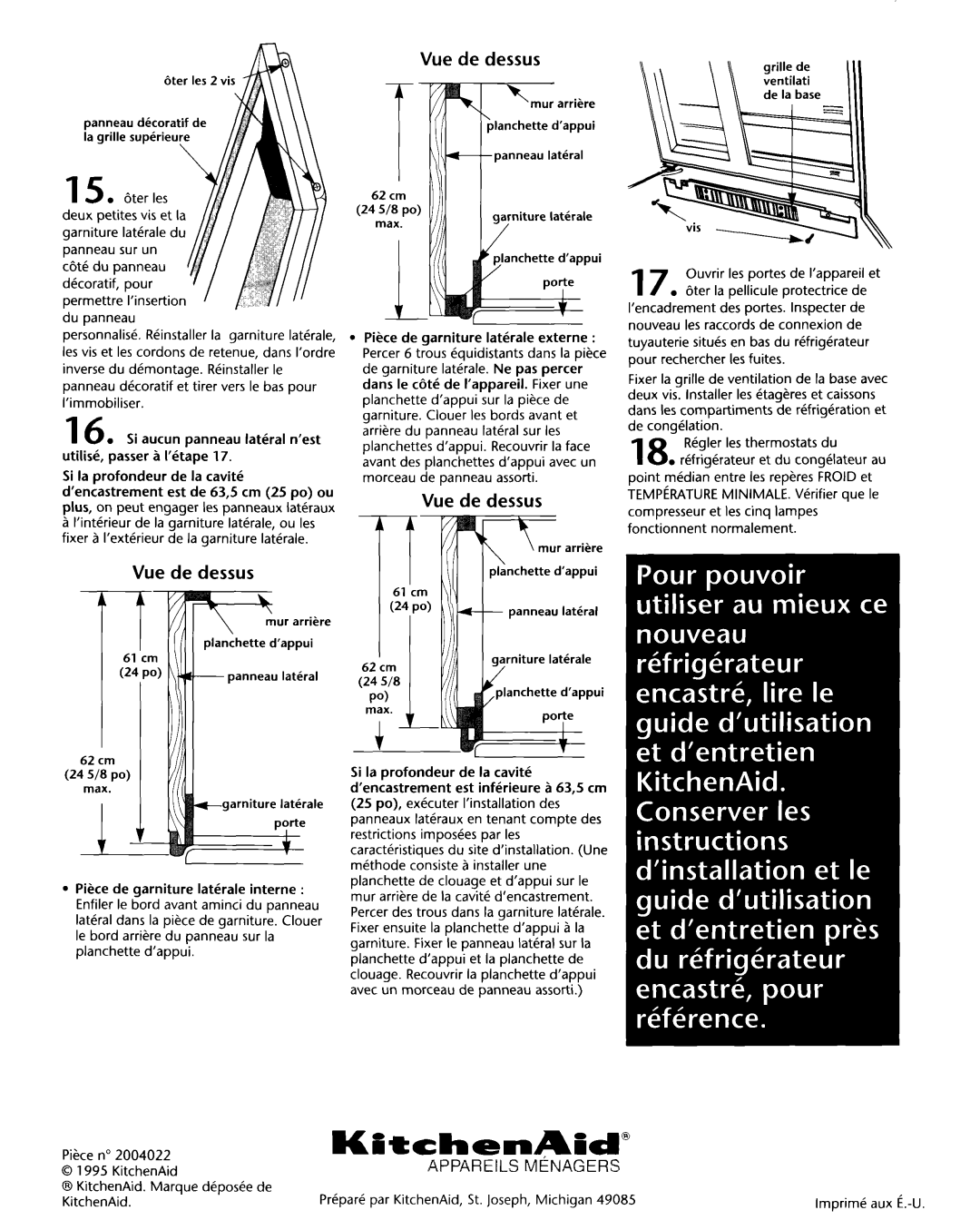 KitchenAid 2004022 installation instructions Vue Dessus, 24 518po 