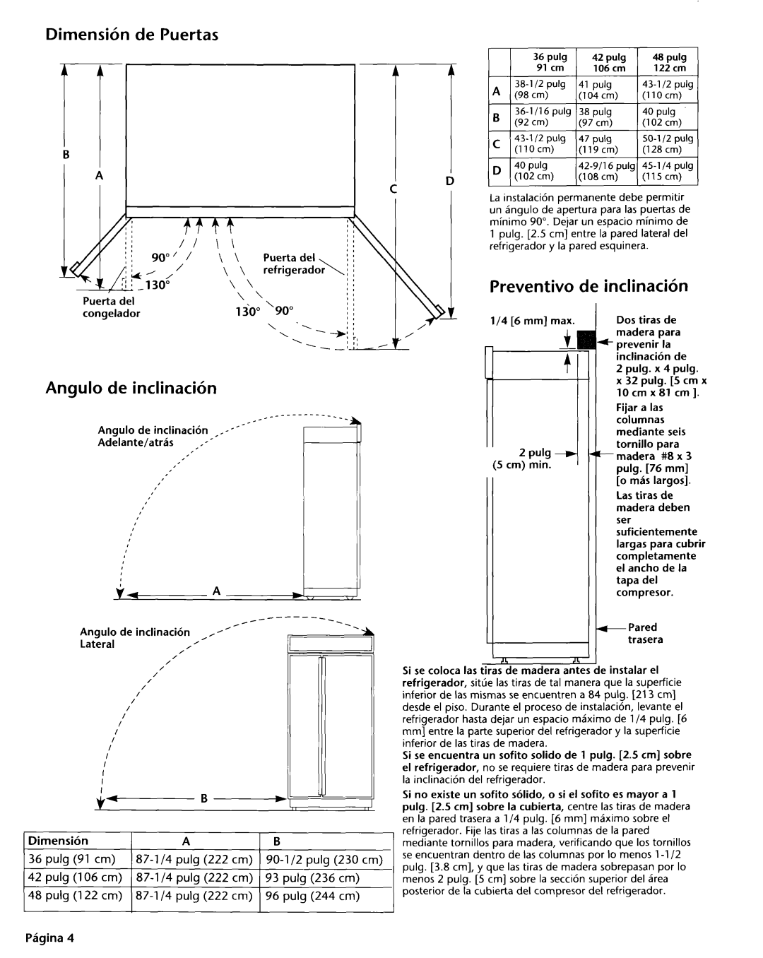 KitchenAid 2004022 Dimensih de Puertas, Angulo de inclinacih, Preventivo de inclinacih, 90, 87-l/4 