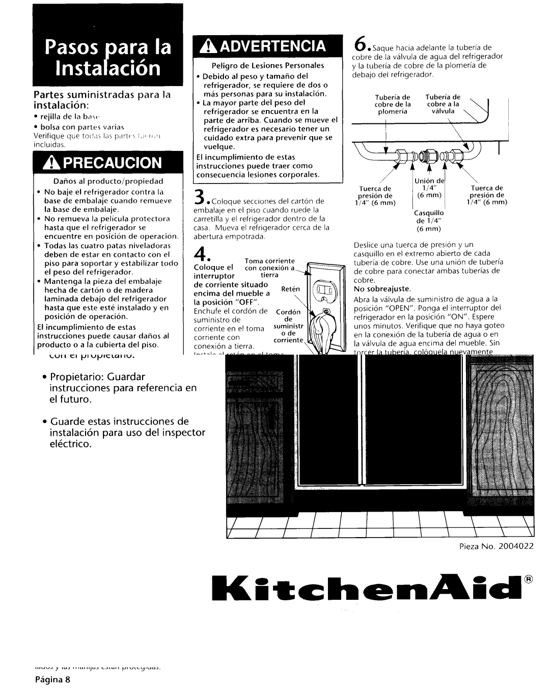 KitchenAid 2004022 installation instructions Partes suministradas para la instalacih 