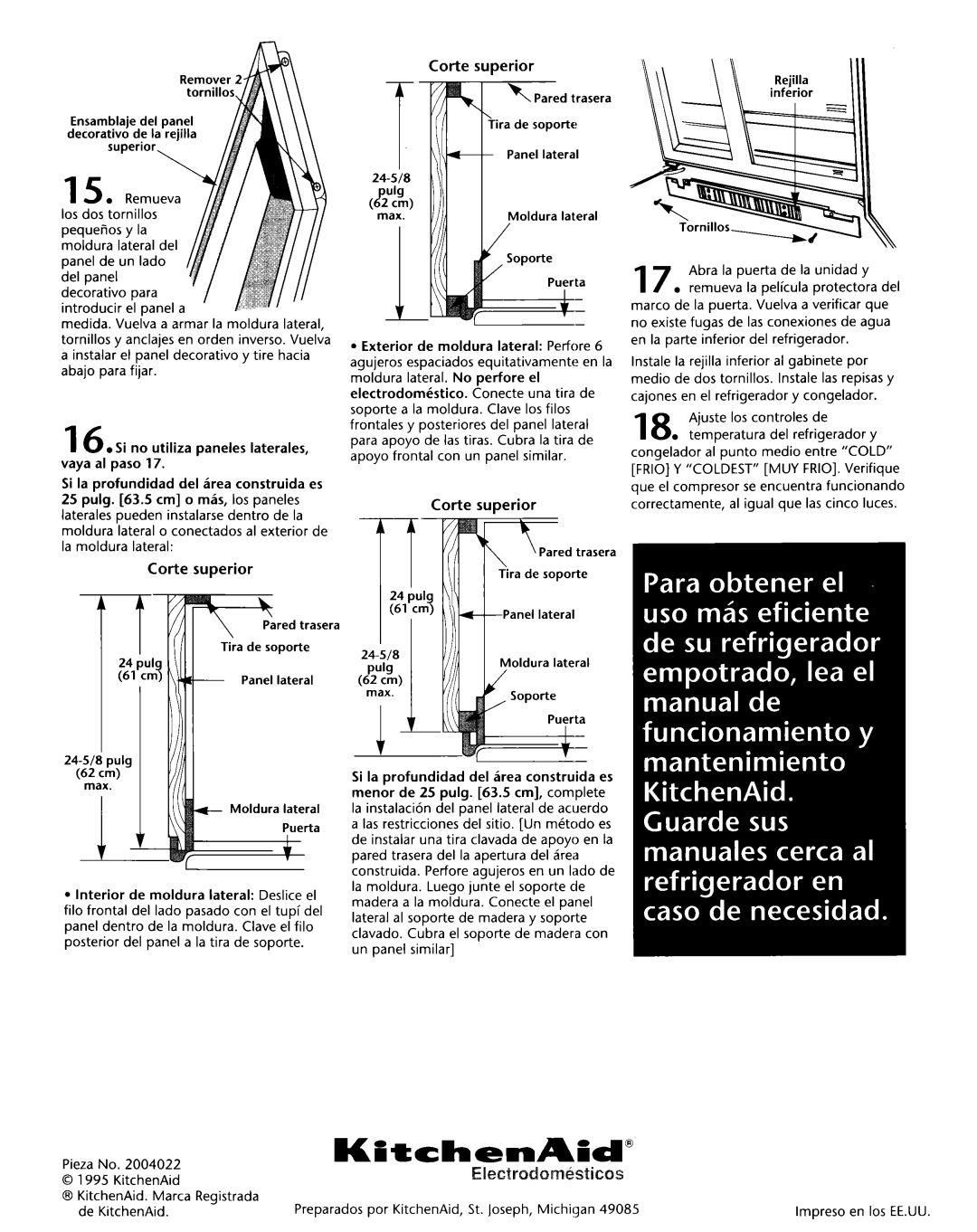 KitchenAid 2004022 installation instructions Corte superior Trasera, Max 