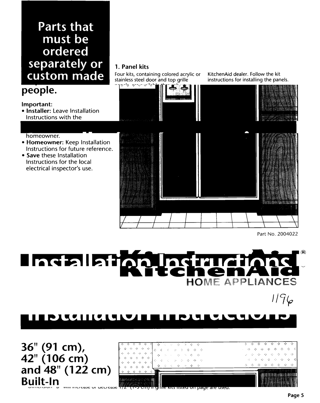 KitchenAid 2004022 installation instructions Panel kits, Panel Kit Numbers, Custom panels 