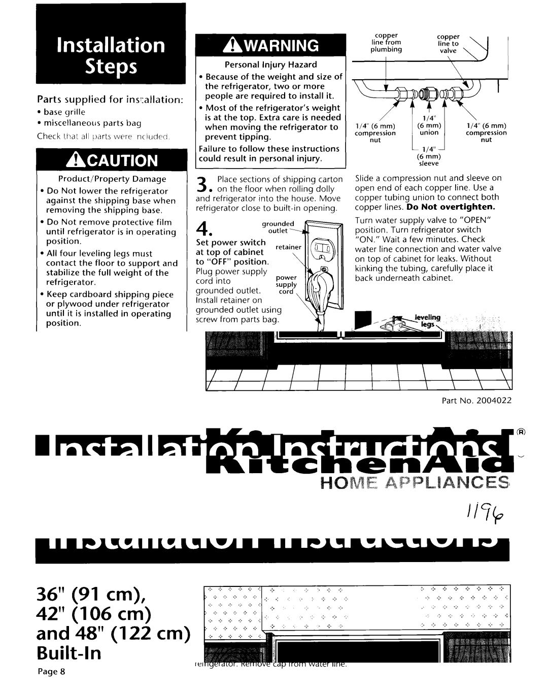 KitchenAid 2004022 installation instructions Parts supplied for insallation 