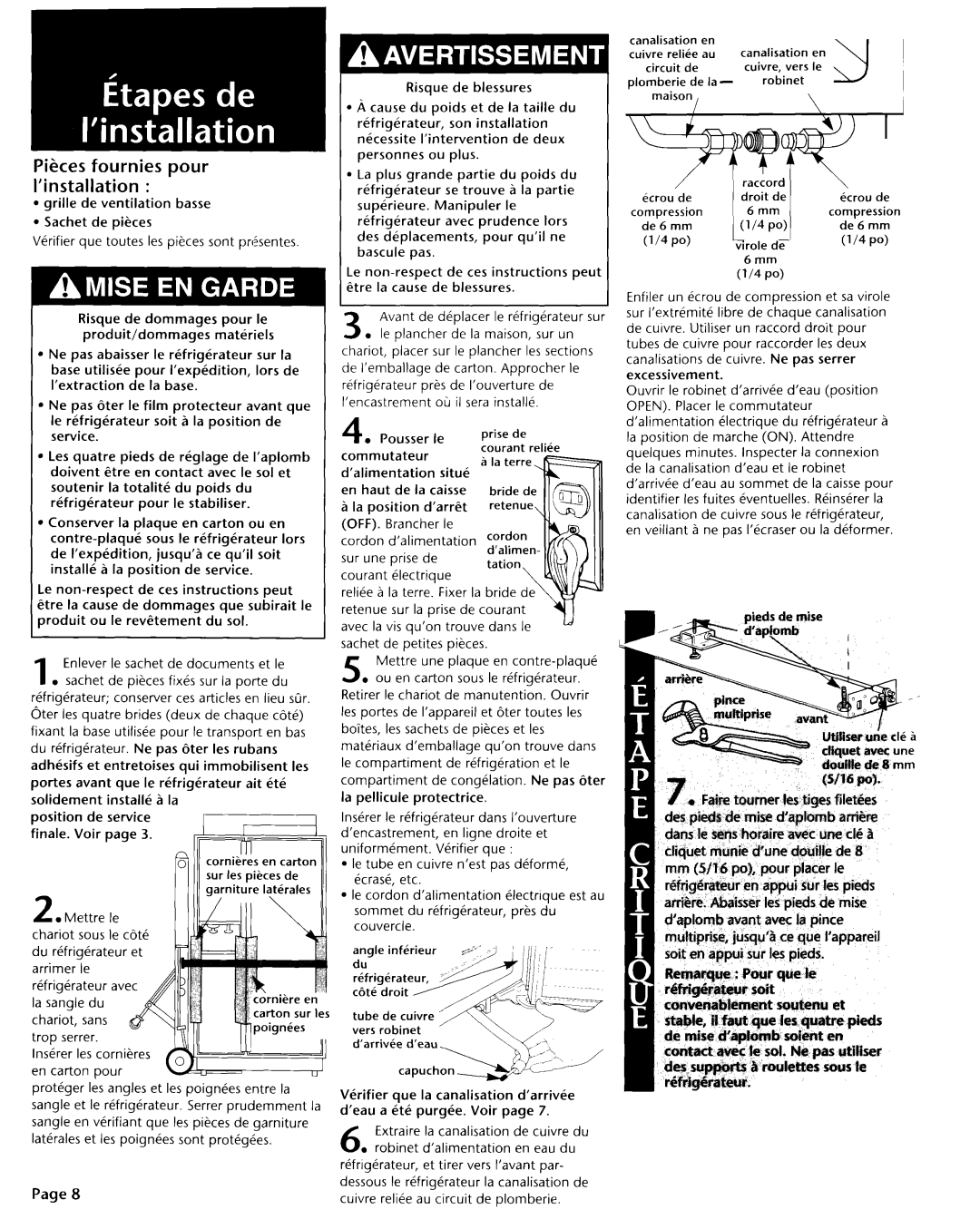 KitchenAid 2004022 installation instructions Pikes fournies pour I’installation, canalisation, cuivre, vers, courant reliCe 