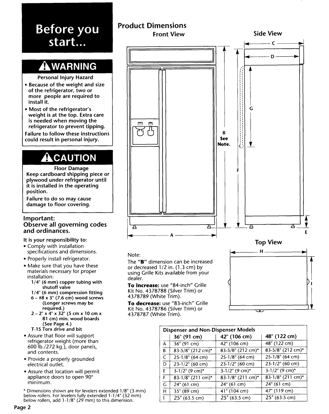 KitchenAid 2004022 LFhL, Product Dimensions, Front View, Side View, Observe, governing, codes, and ordinances 