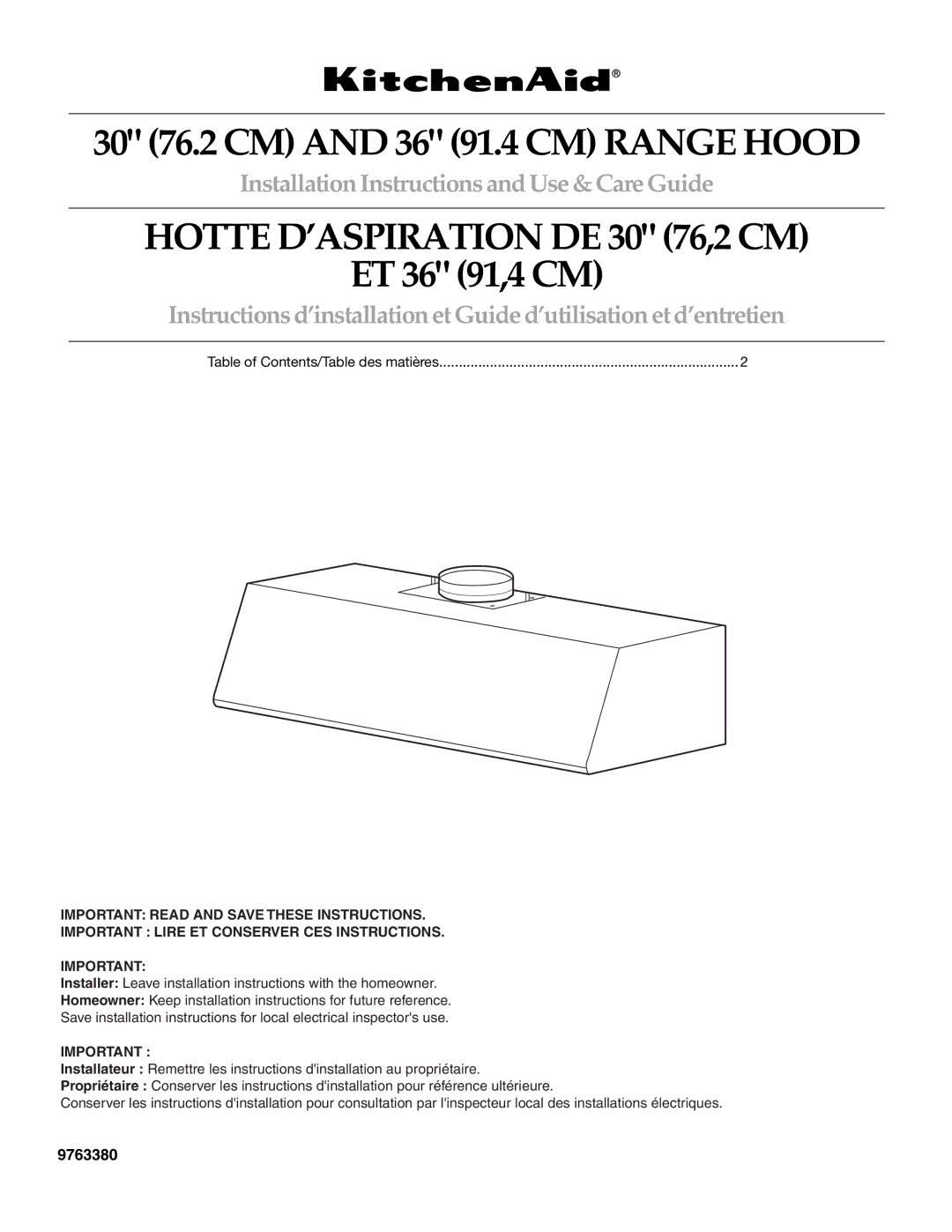 KitchenAid 2005 installation instructions Hotte D’ASPIRATION DE 30 76,2 CM 