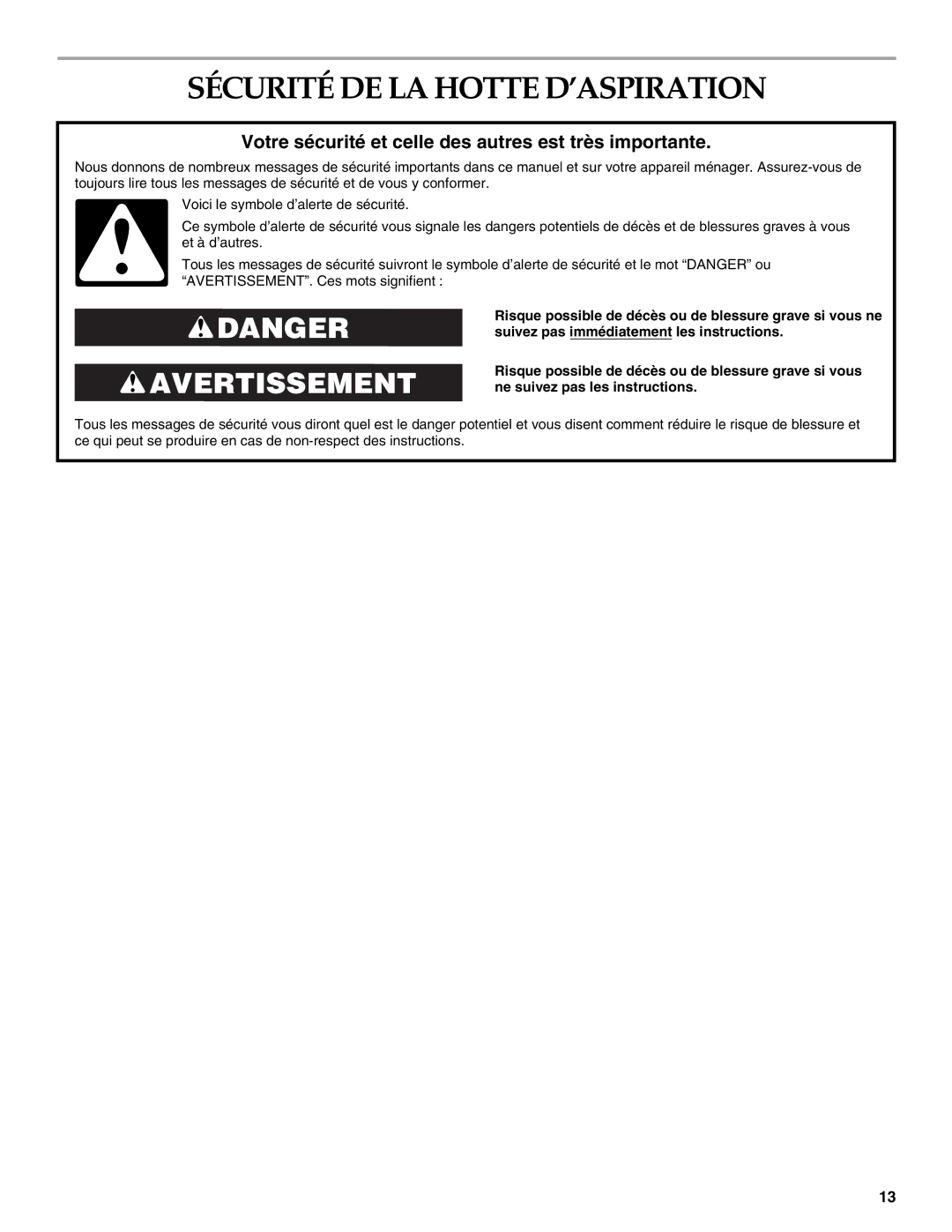 KitchenAid 2005 Sécurité DE LA Hotte D’ASPIRATION, Votre sécurité et celle des autres est très importante 