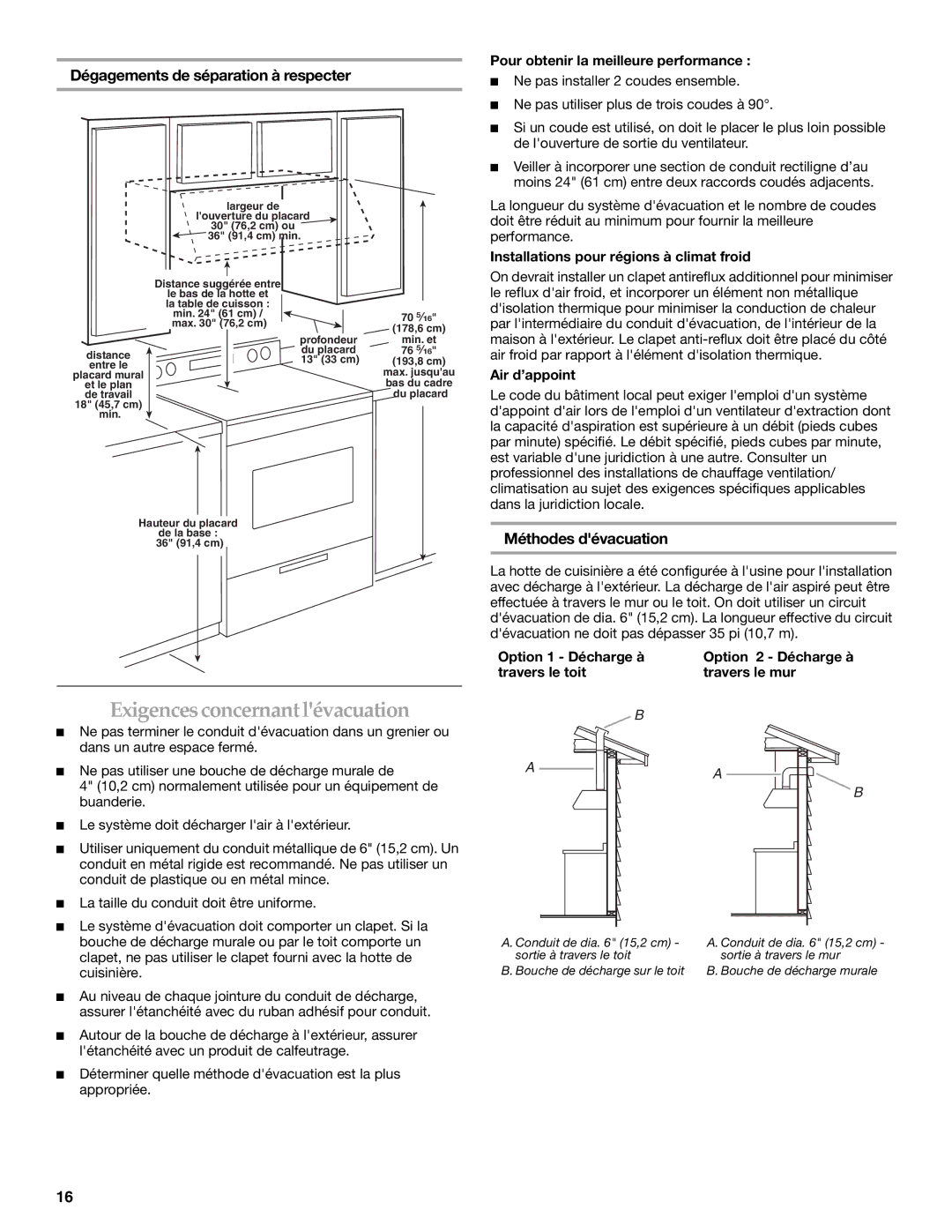 KitchenAid 2005 Exigences concernant lévacuation, Dégagements de séparation à respecter, Méthodes dévacuation 