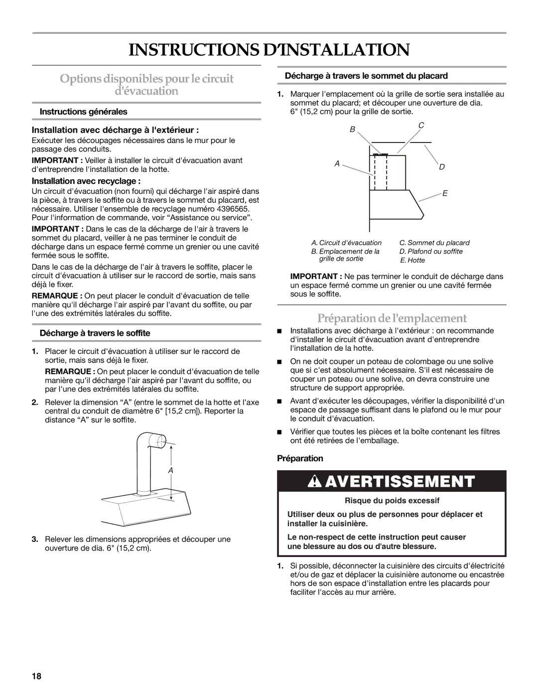 KitchenAid 2005 Instructions D’INSTALLATION, Options disponibles pour le circuit Dévacuation, Préparation de lemplacement 