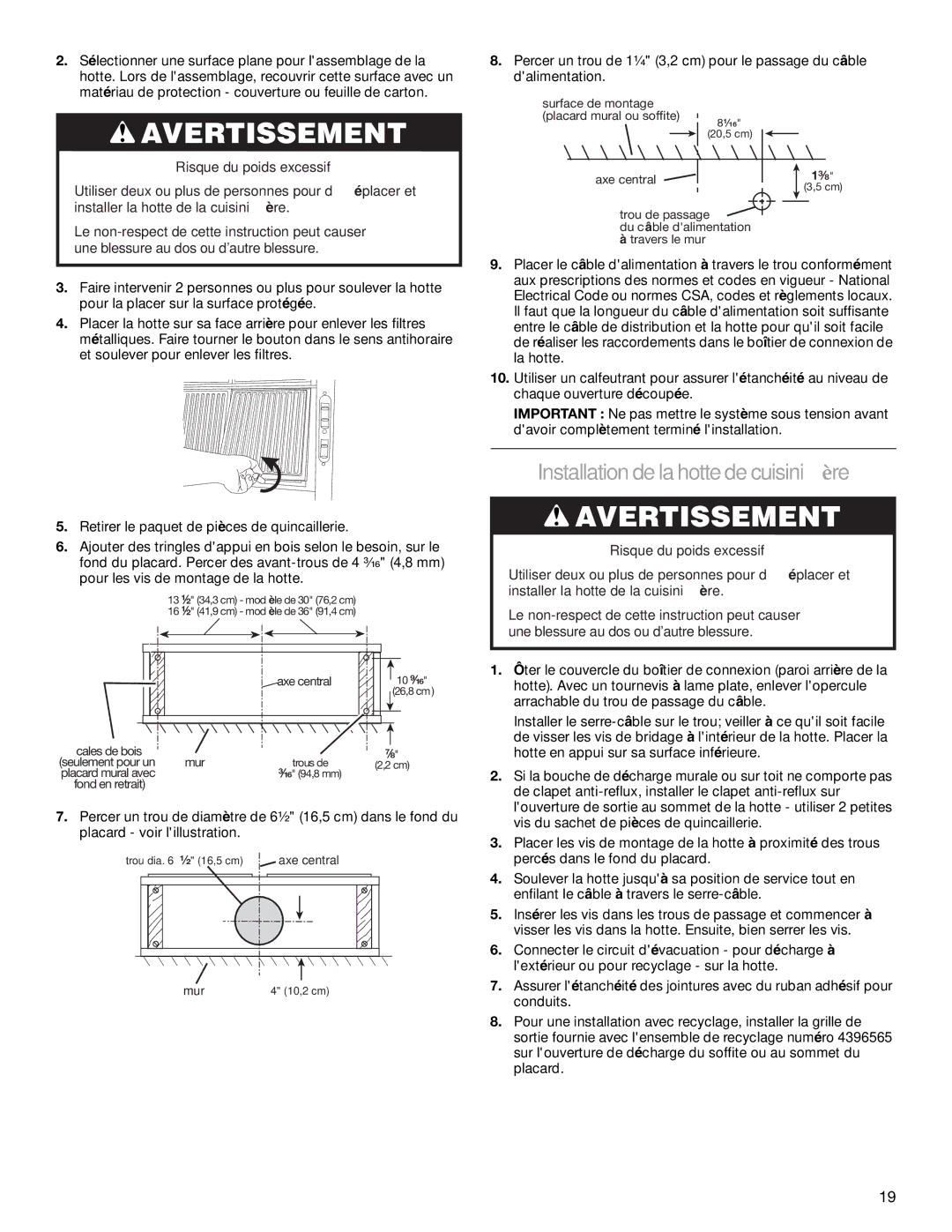 KitchenAid 2005 installation instructions Installation de la hotte de cuisinière 