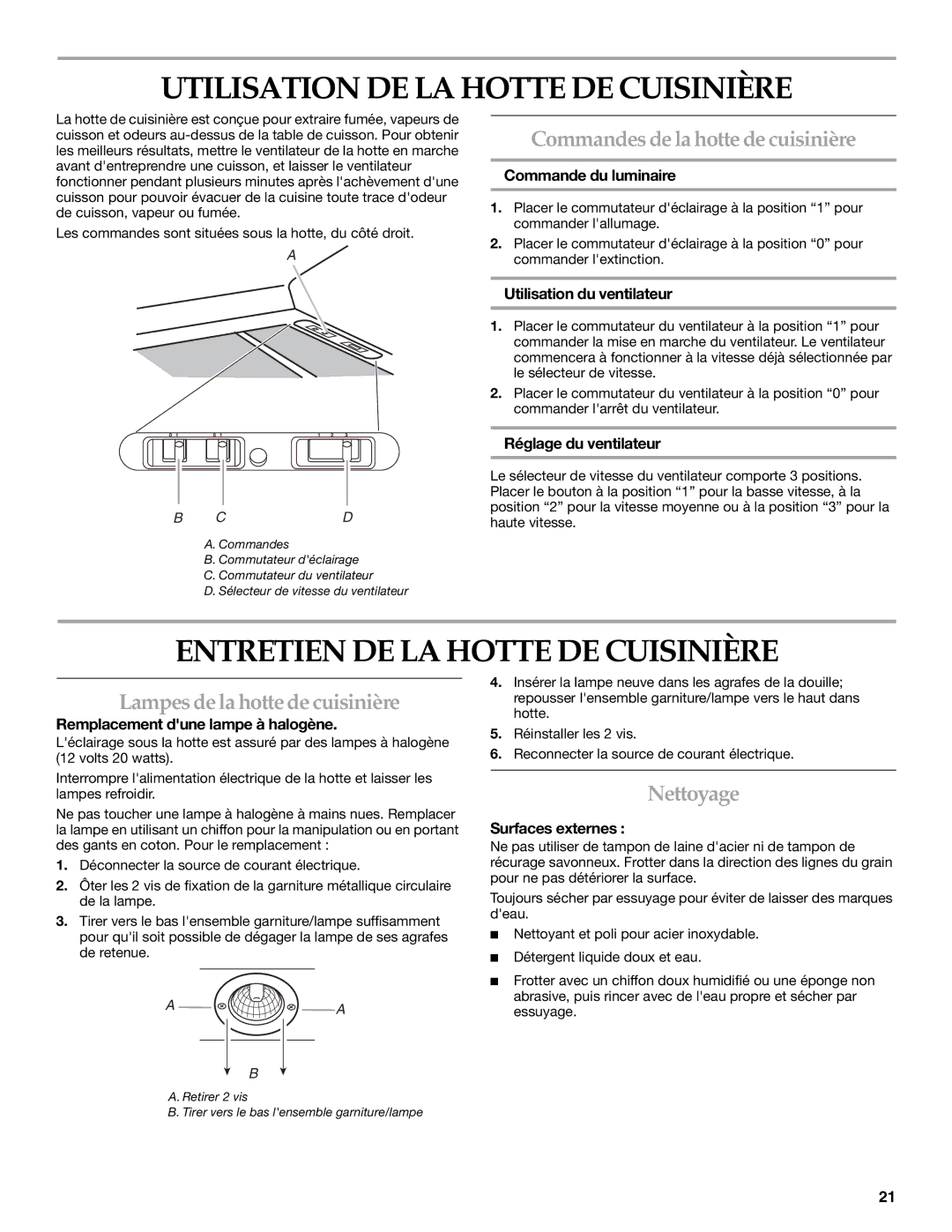 KitchenAid 2005 Utilisation DE LA Hotte DE Cuisinière, Entretien DE LA Hotte DE Cuisinière, Nettoyage 