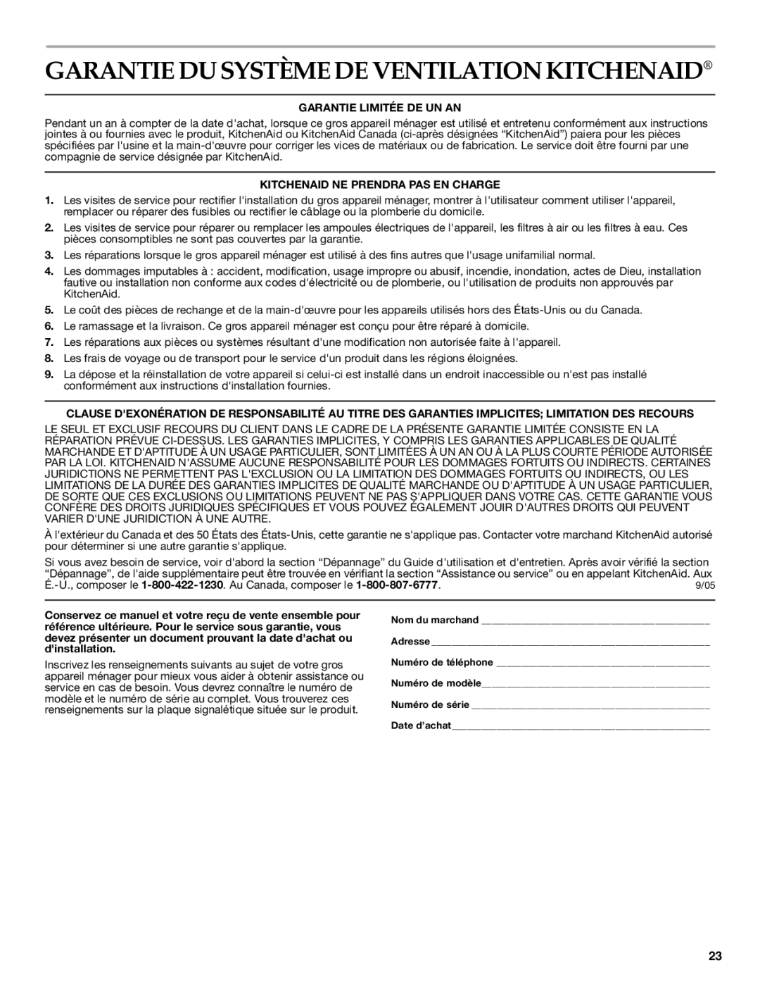 KitchenAid 2005 installation instructions Garantie DU Système DE Ventilation Kitchenaid, Garantie Limitée DE UN AN 