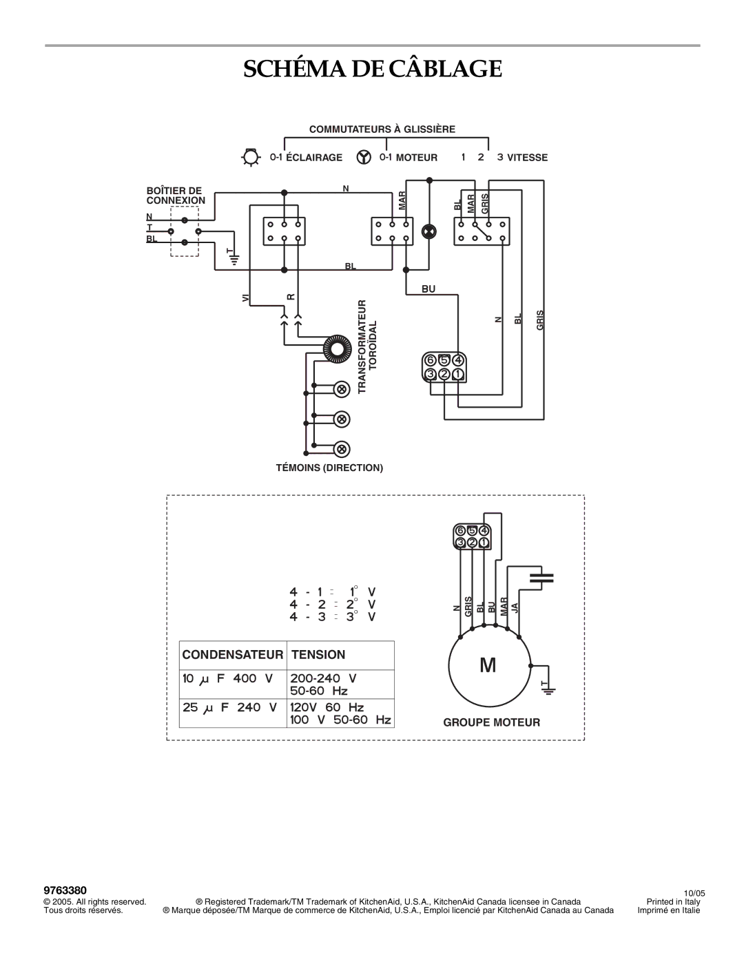 KitchenAid 2005 installation instructions Schéma DE Câblage, 9763380 