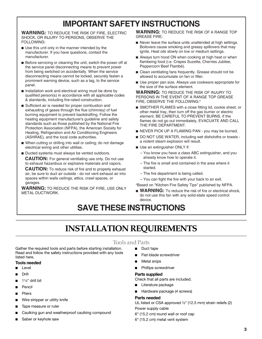 KitchenAid 2005 Installation Requirements, Tools and Parts, Tools needed, Parts supplied, Parts needed 