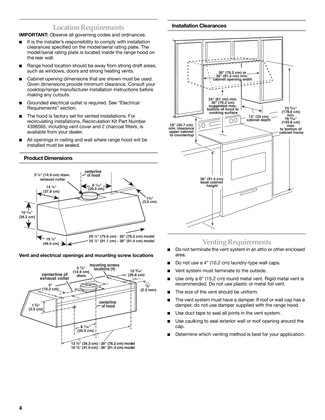 KitchenAid 2005 Location Requirements, Venting Requirements, Installation Clearances, Product Dimensions 