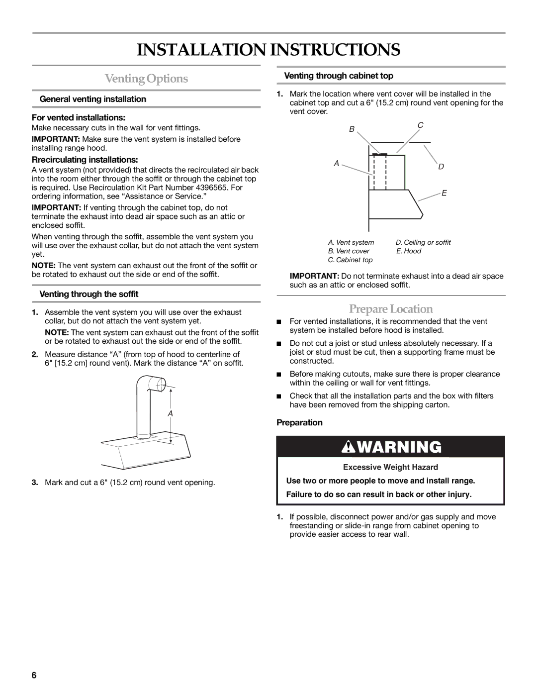 KitchenAid 2005 installation instructions Installation Instructions, Venting Options, Prepare Location 