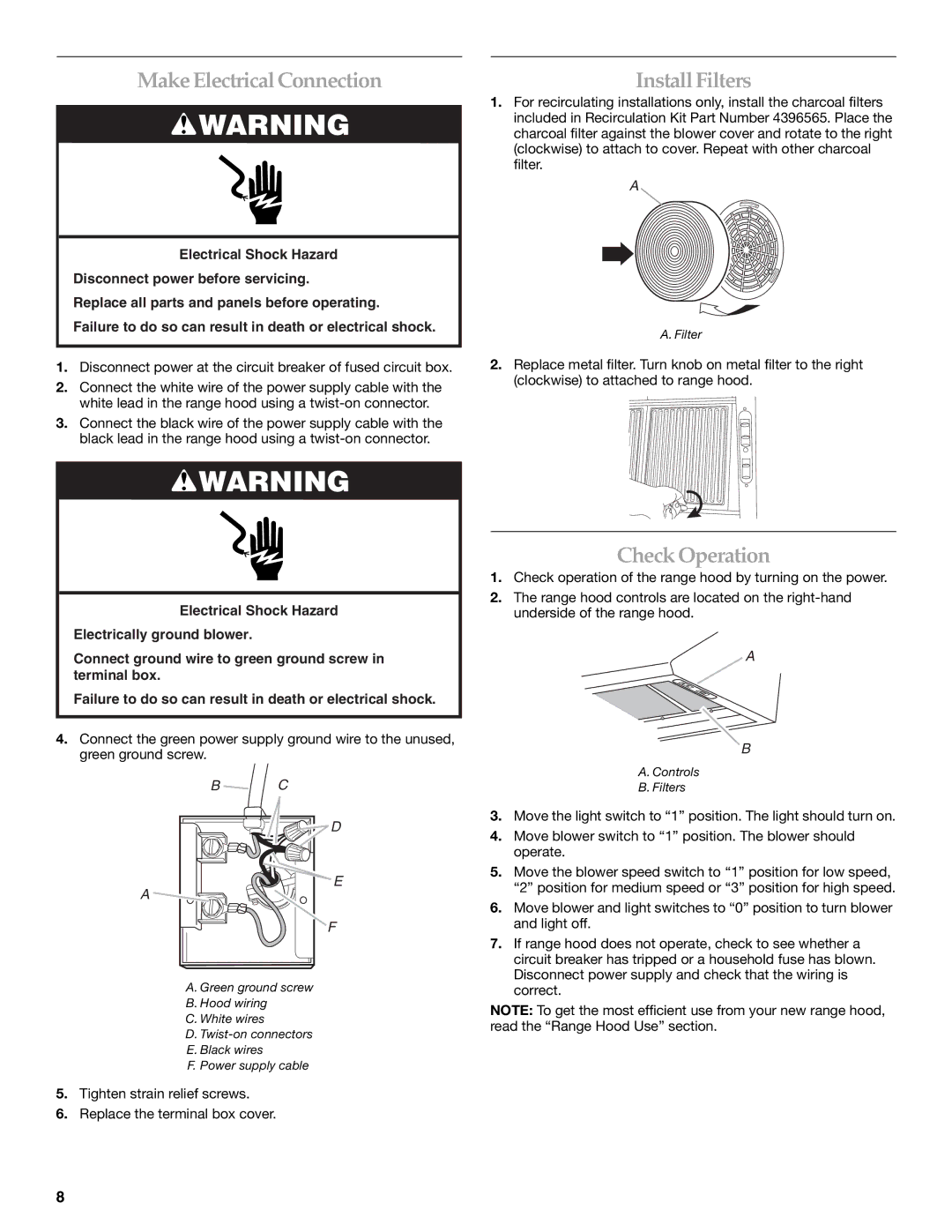 KitchenAid 2005 installation instructions Make Electrical Connection, Install Filters, Check Operation 