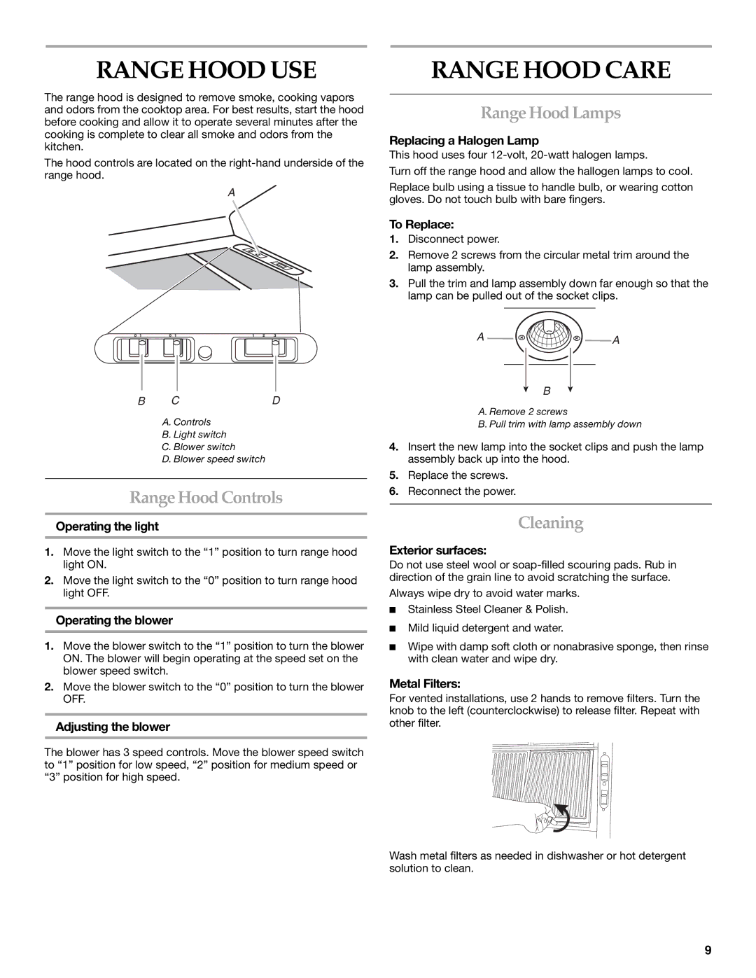 KitchenAid 2005 installation instructions Range Hood USE, Range Hood Care, Range Hood Controls, Range Hood Lamps, Cleaning 