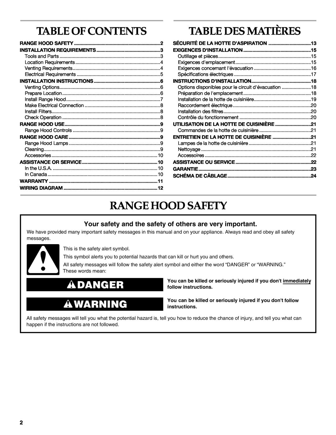 KitchenAid 2005 Table Of Contents Table Des Matières, Range Hood Safety, Danger, Sécurité De La Hotte D’Aspiration 