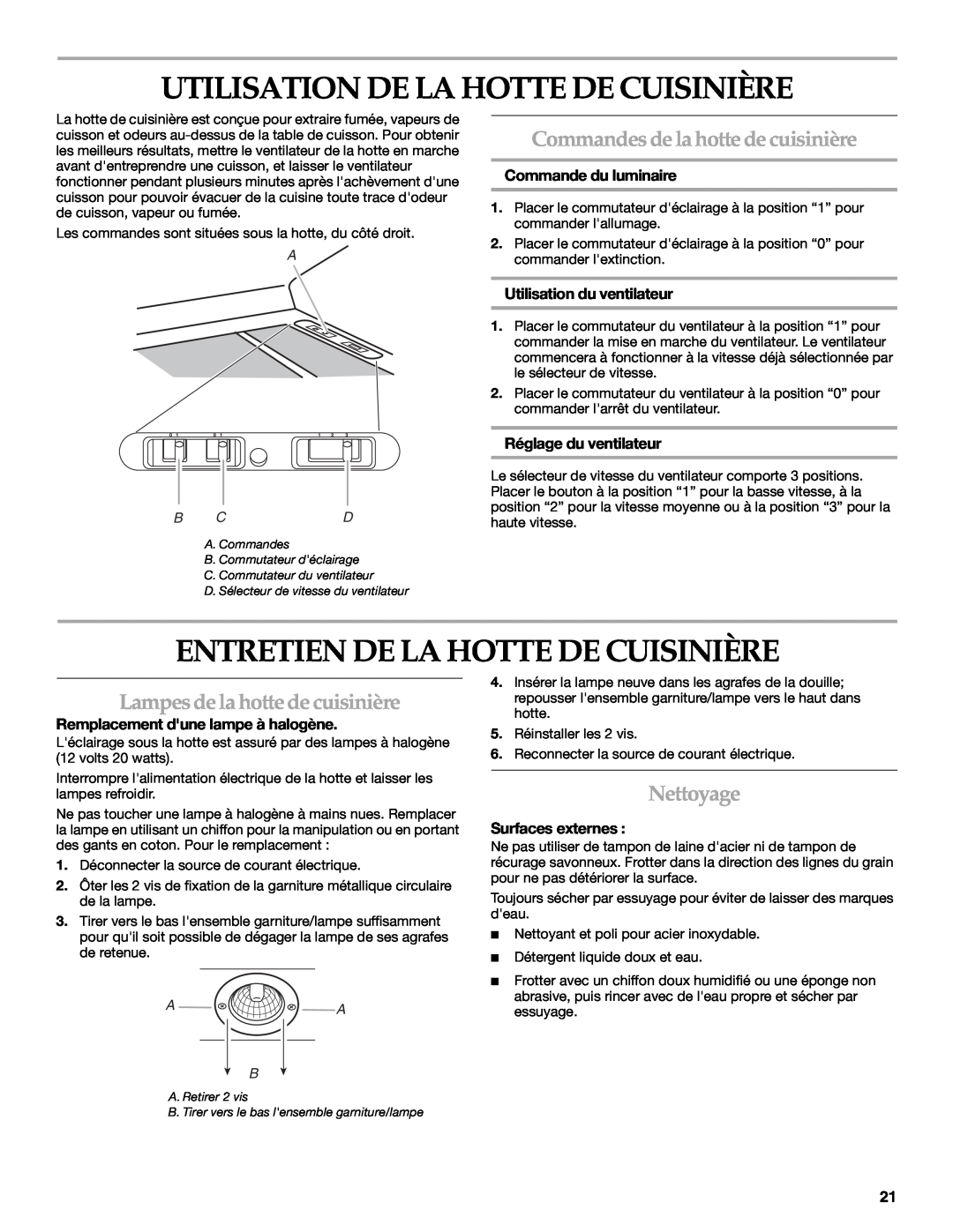 KitchenAid 2005 Utilisation De La Hotte De Cuisinière, Entretien De La Hotte De Cuisinière, Nettoyage, Surfaces externes 