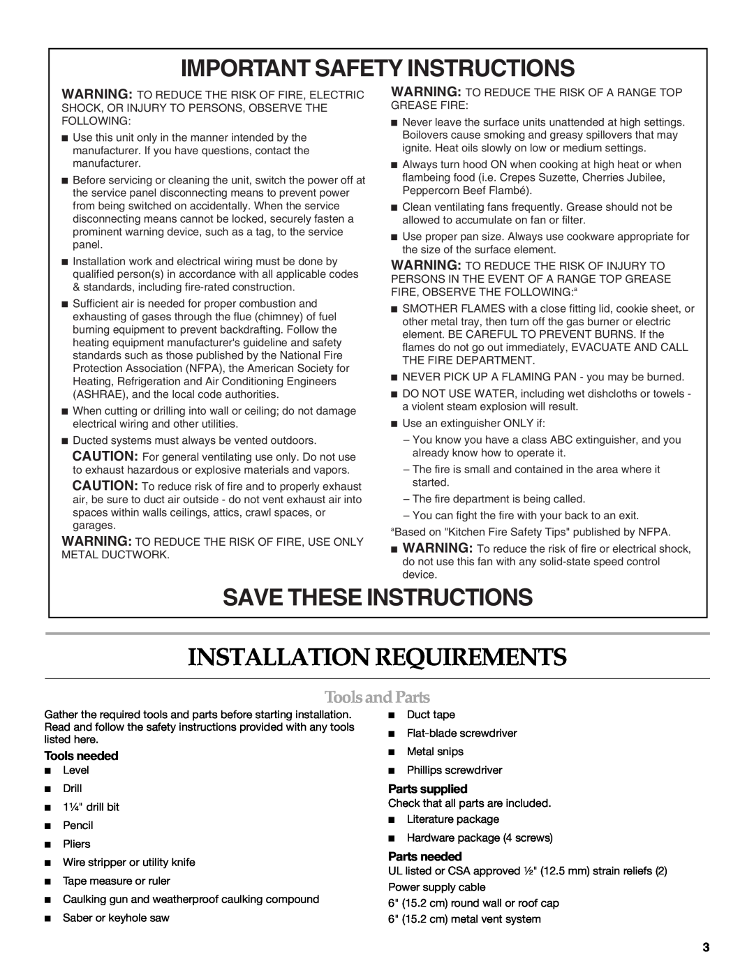 KitchenAid 2005 Installation Requirements, Important Safety Instructions, Save These Instructions, Tools and Parts 