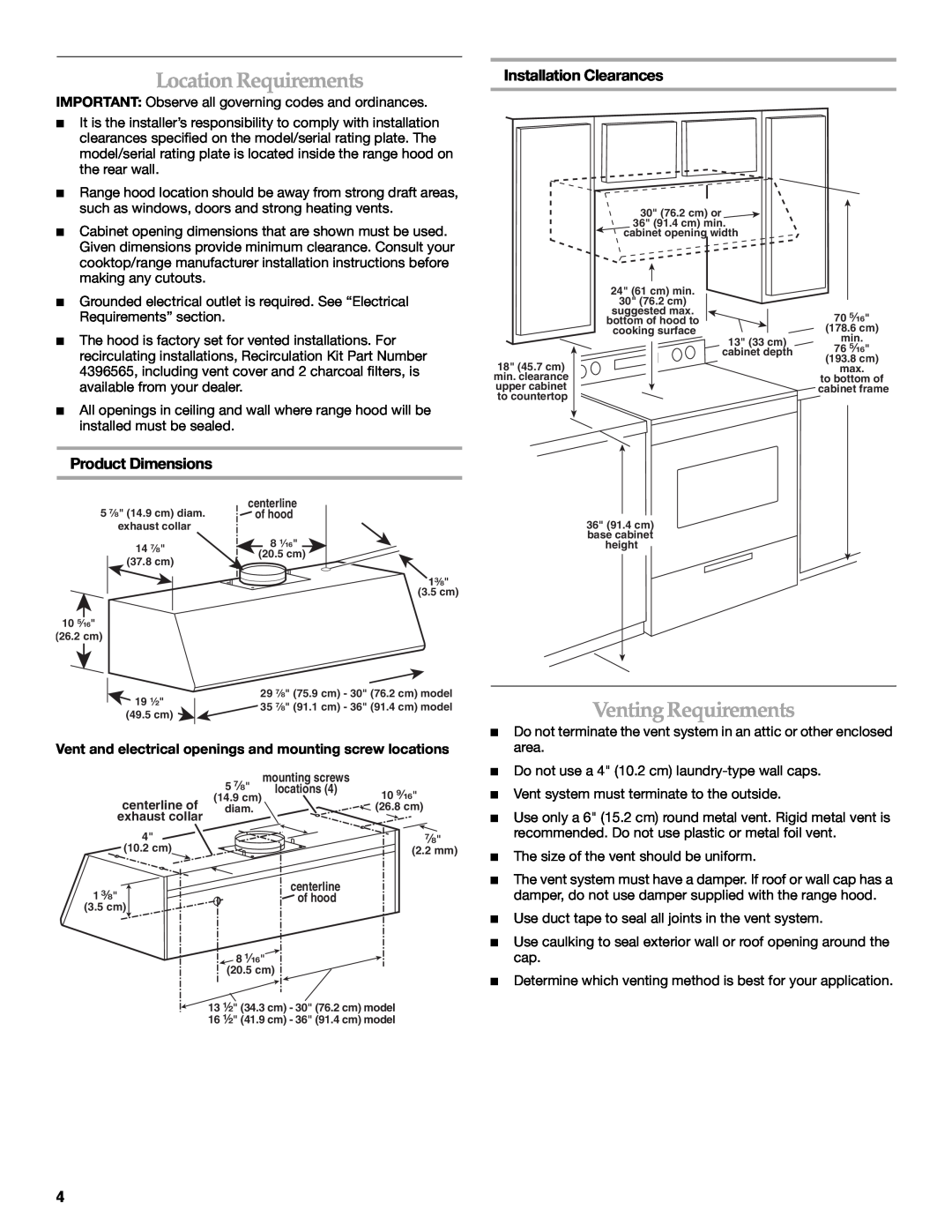 KitchenAid 2005 Location Requirements, Venting Requirements, Installation Clearances, Product Dimensions 