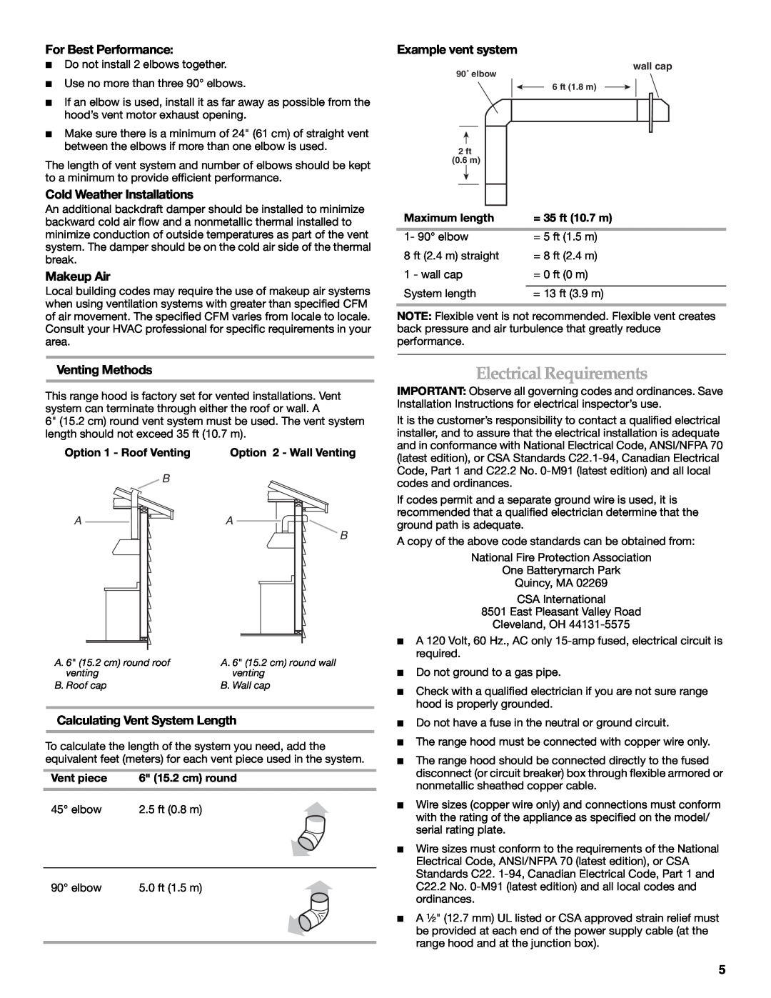 KitchenAid 2005 Electrical Requirements, For Best Performance, Cold Weather Installations, Makeup Air, Example vent system 