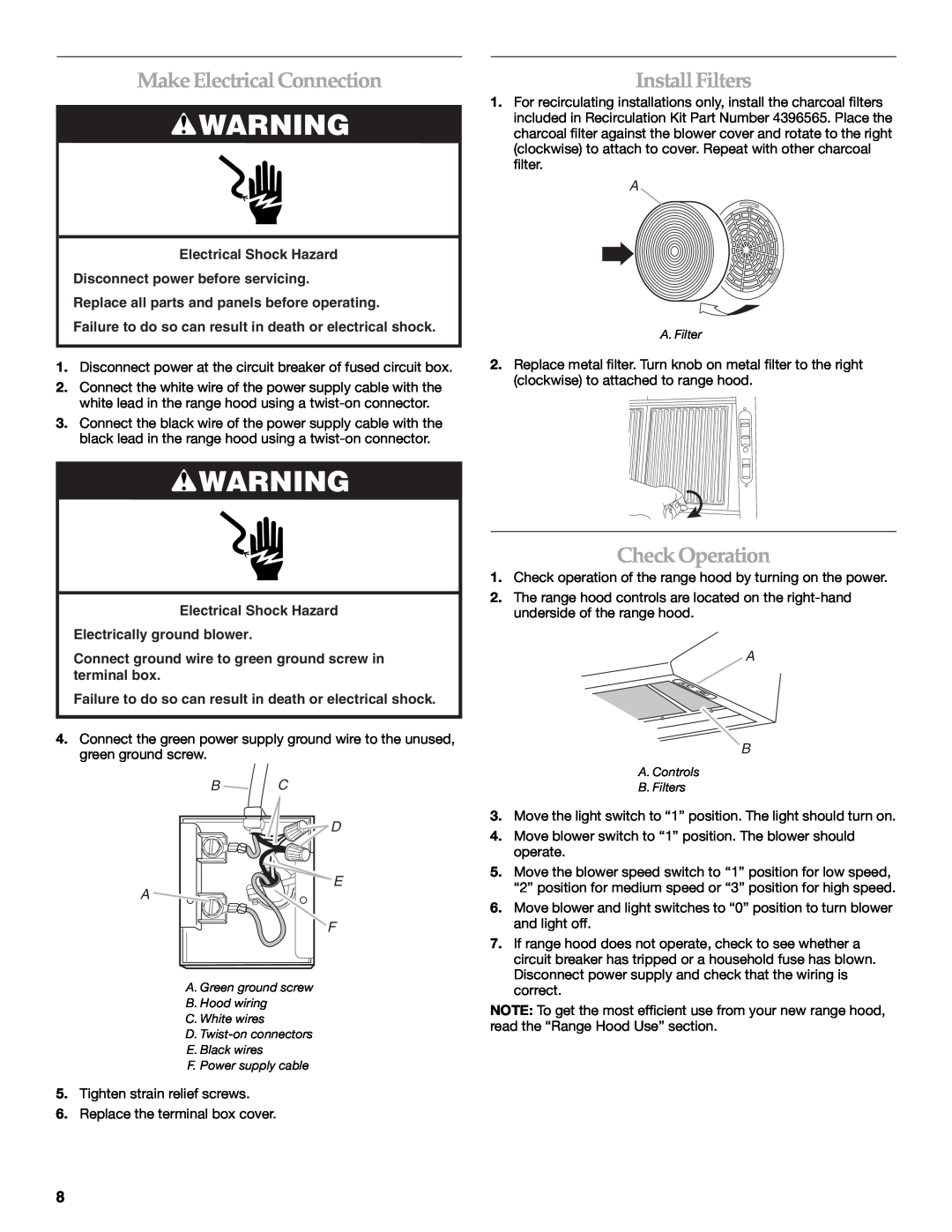 KitchenAid 2005 installation instructions Make Electrical Connection, Install Filters, Check Operation, B C D E A F 