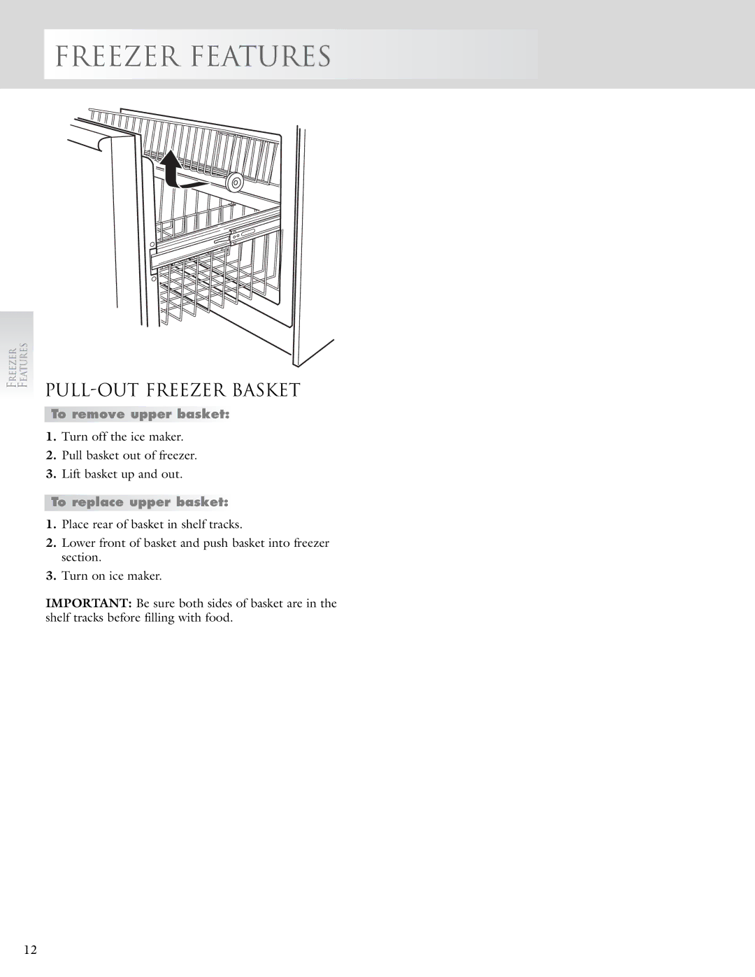 KitchenAid 2005193 manual PULL-OUT Freezer Basket, To remove upper basket, To replace upper basket 