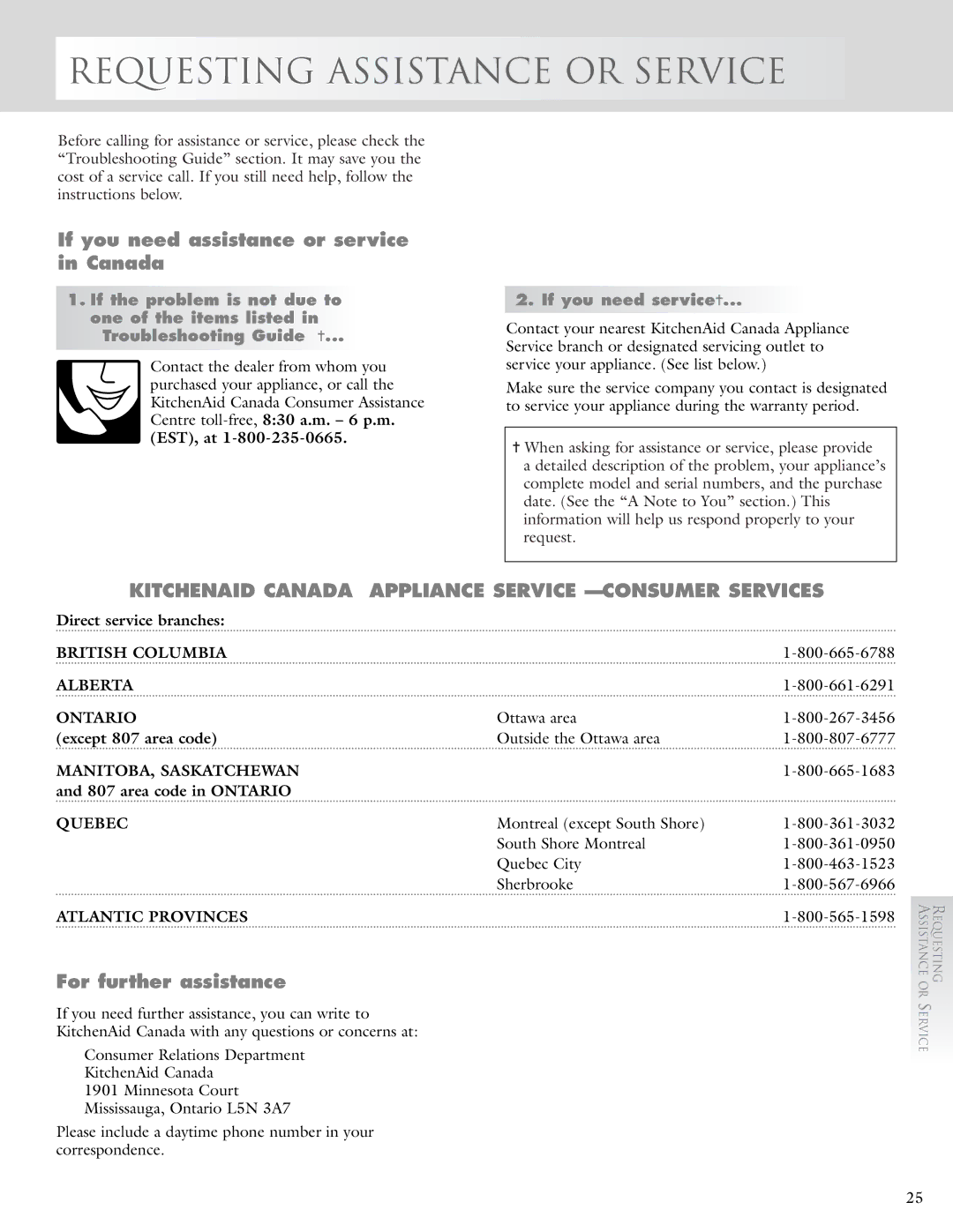 KitchenAid 2005193 manual If you need assistance or service in Canada, If you need service, Direct service branches 