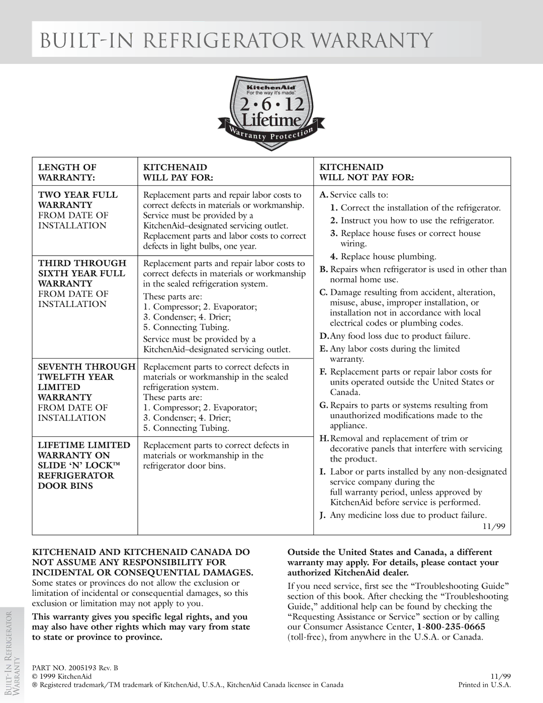 KitchenAid 2005193 manual BUILT-IN Refrigerator Warranty, Installation 