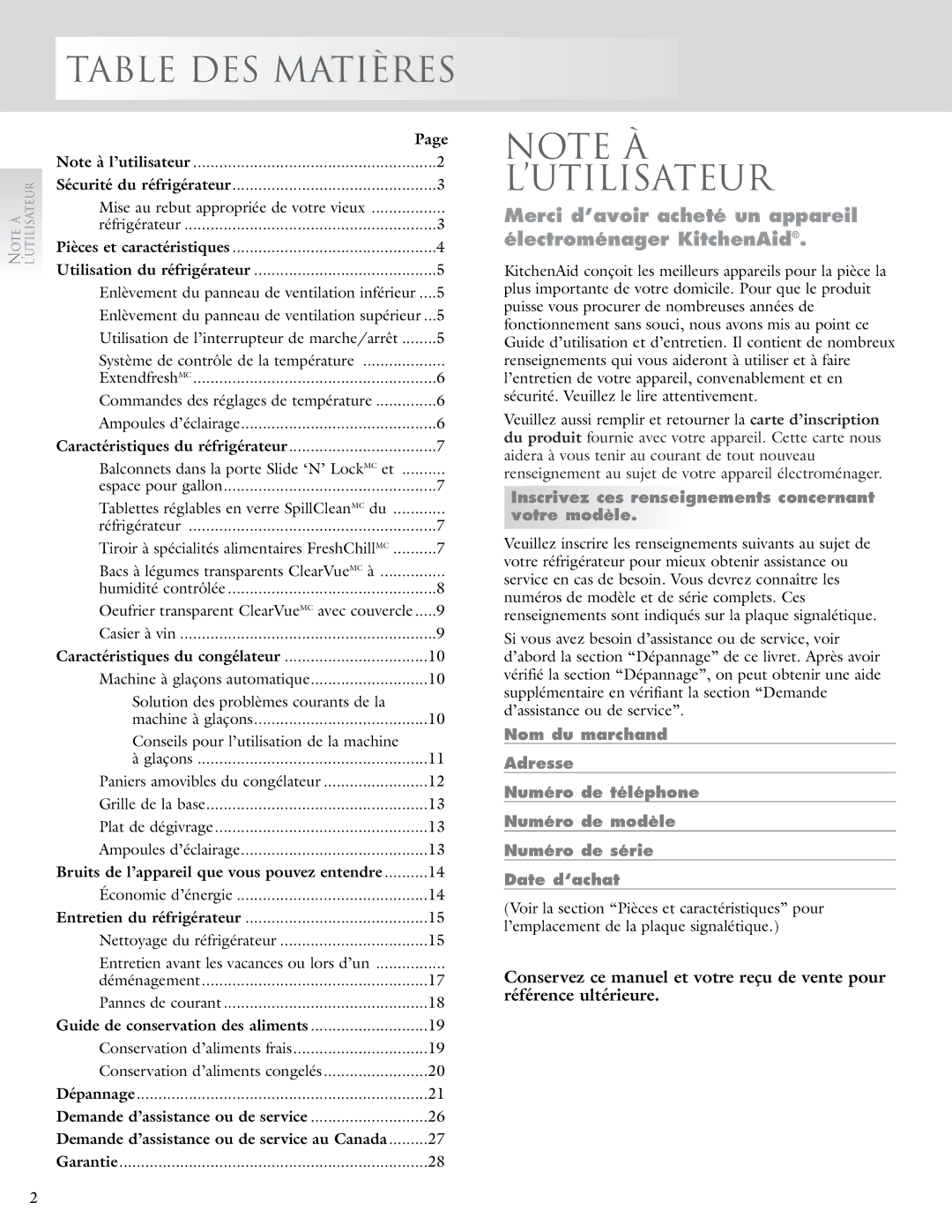 KitchenAid 2005193 manual Table DES Matières, ’Utilisateur, Merci d’avoir acheté un appareil électroménager KitchenAid 