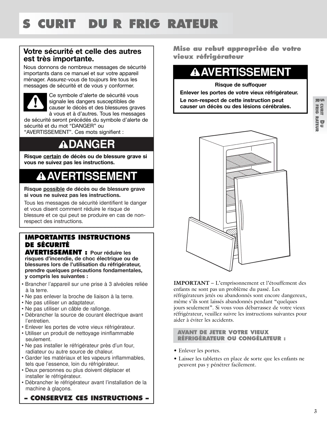 KitchenAid 2005193 manual Sécurité DU Réfrigérateur, Mise au rebut appropriée de votre vieux réfrigérateur 