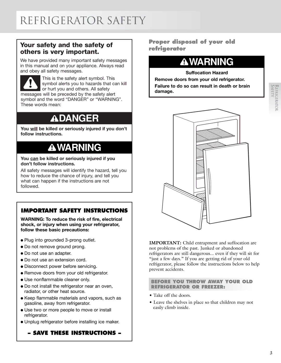 KitchenAid 2005193 manual Refrigerator Safety, Proper disposal of your old refrigerator 