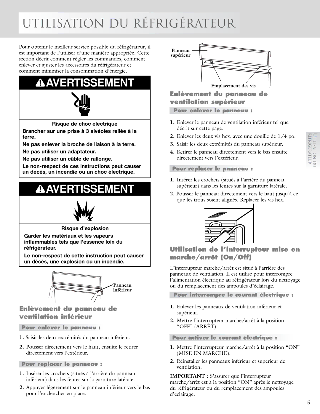 KitchenAid 2005193 manual Utilisation DU Réfrigérateur, Enlèvement du panneau de ventilation inférieur 