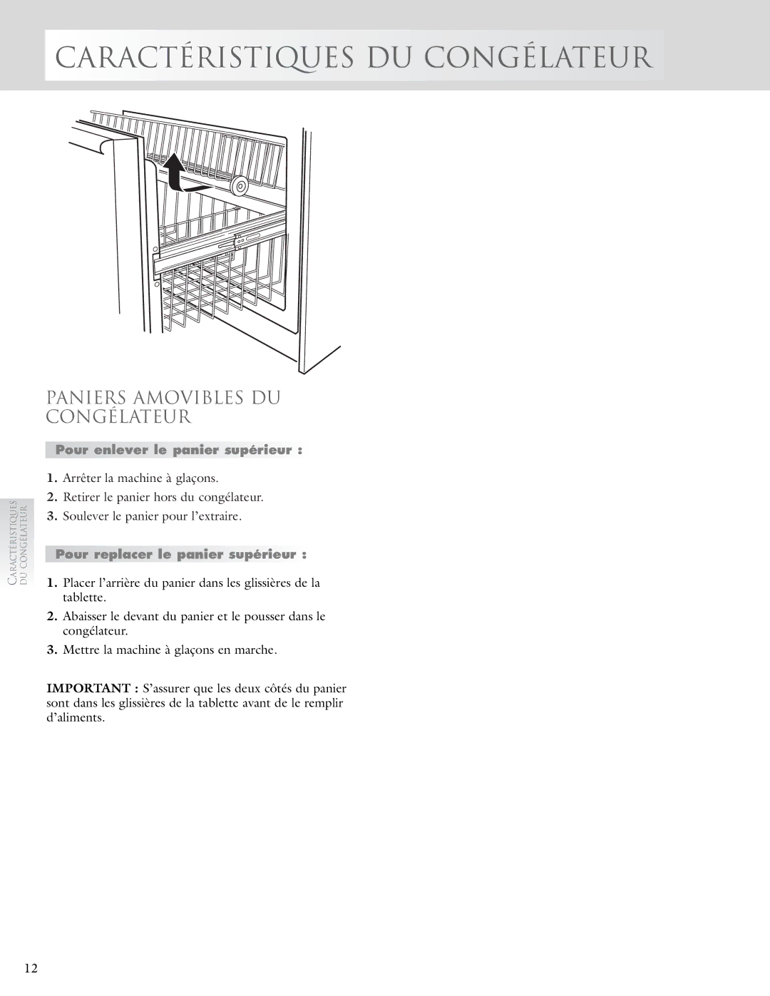 KitchenAid 2005193 Paniers Amovibles DU Congélateur, Pour enlever le panier supérieur, Pour replacer le panier supérieur 