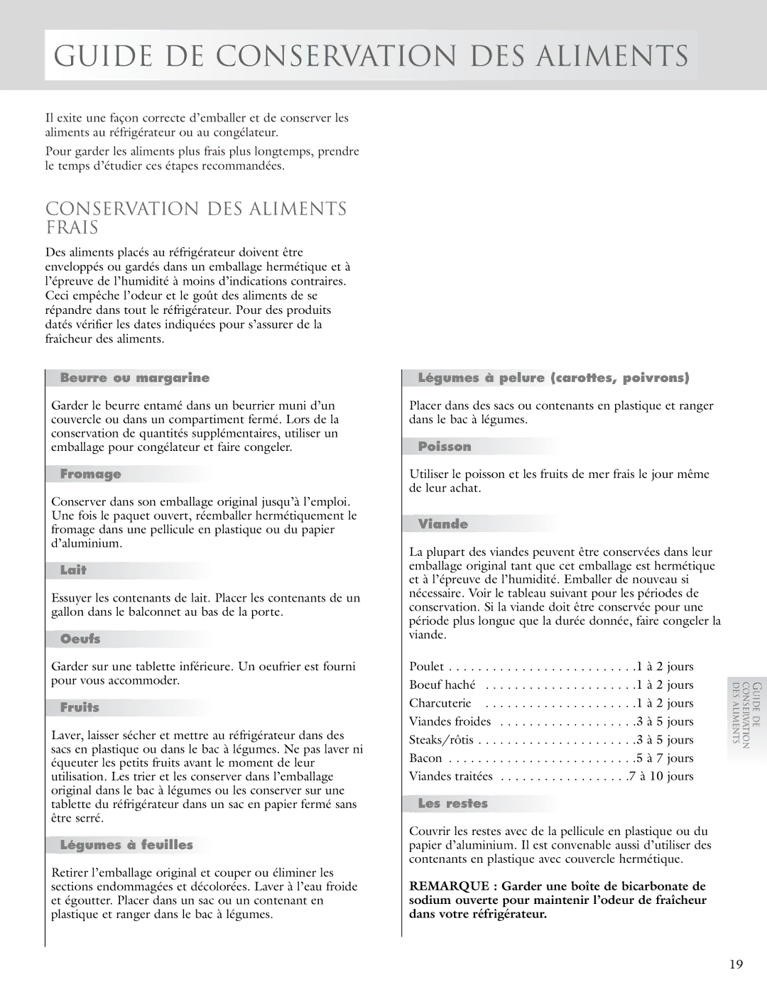 KitchenAid 2005193 manual Guide DE Conservation DES Aliments, Conservation DES Aliments Frais 