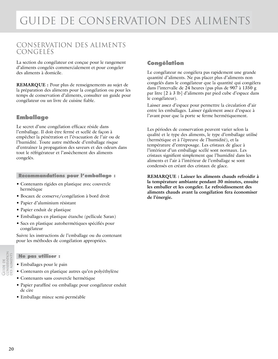 KitchenAid 2005193 manual Conservation DES Aliments Congelés, Emballage, Congélation, Recommandations pour l’emballage 