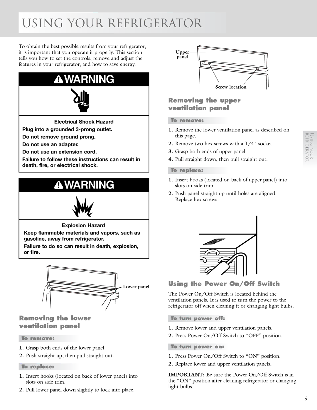 KitchenAid 2005193 Using Your Refrigerator, Removing the lower ventilation panel, Removing the upper ventilation panel 