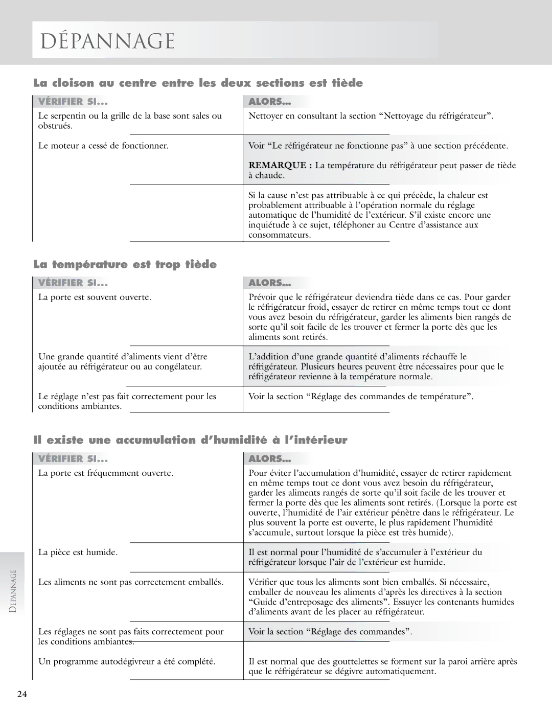 KitchenAid 2005193 La cloison au centre entre les deux sections est tiède, La température est trop tiède, Vérifier ALORS… 