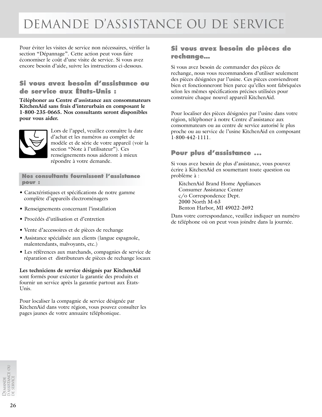 KitchenAid 2005193 Demande D’ASSISTANCE OU DE Service, Si vous avez besoin de pièces de rechange…, Pour plus d’assistance 