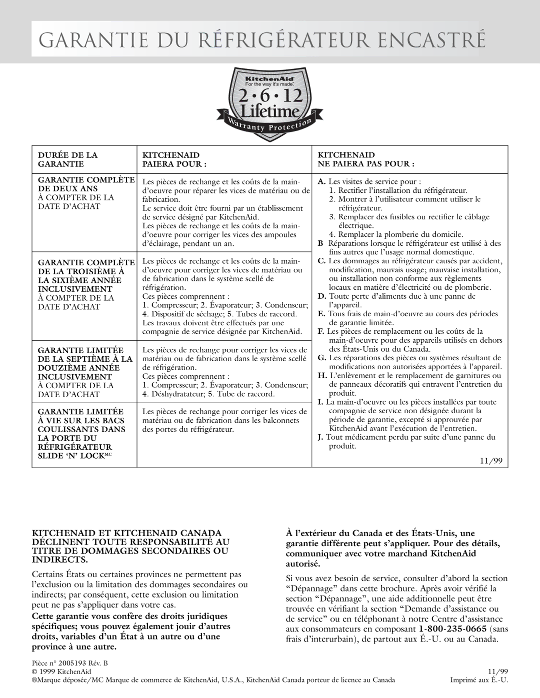 KitchenAid 2005193 manual Garantie DU Réfrigérateur Encastré, DE Deux ANS 