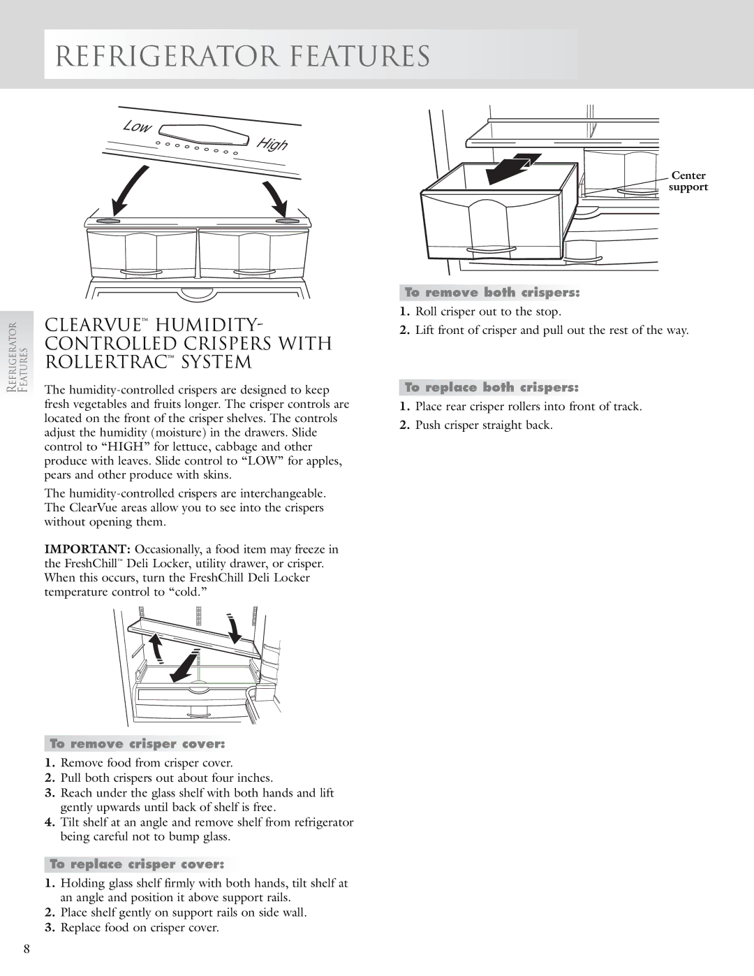 KitchenAid 2005193 To remove crisper cover, To replace crisper cover, To remove both crispers, To replace both crispers 